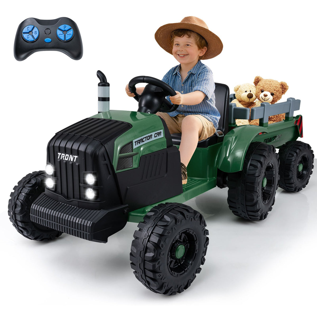 24V Ride On Tractor for Kids Electric Vehicle with Detachable Trailer and Remote Control-Dark Green view 3