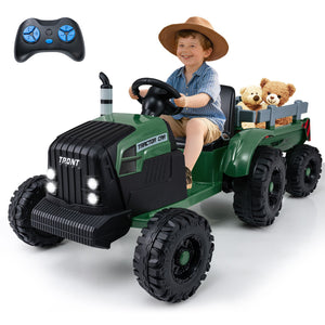 24V Ride On Tractor for Kids Electric Vehicle with Detachable Trailer and Remote Control-Dark Green view 3