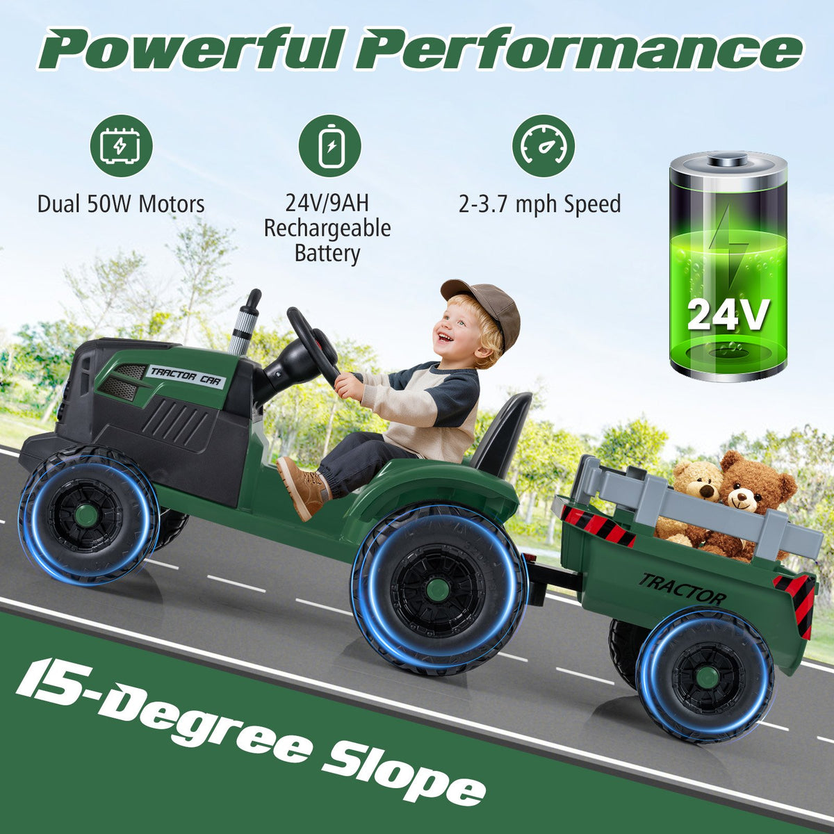 24V Ride On Tractor for Kids Electric Vehicle with Detachable Trailer and Remote Control-Dark Green view 6