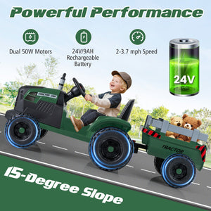 24V Ride On Tractor for Kids Electric Vehicle with Detachable Trailer and Remote Control-Dark Green view 6