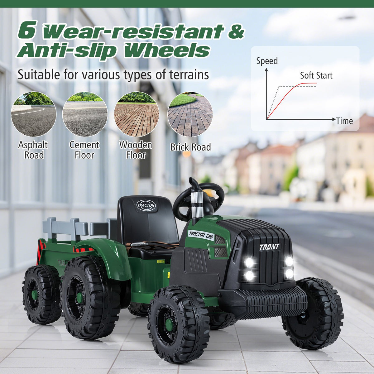 24V Ride On Tractor for Kids Electric Vehicle with Detachable Trailer and Remote Control-Dark Green view 7