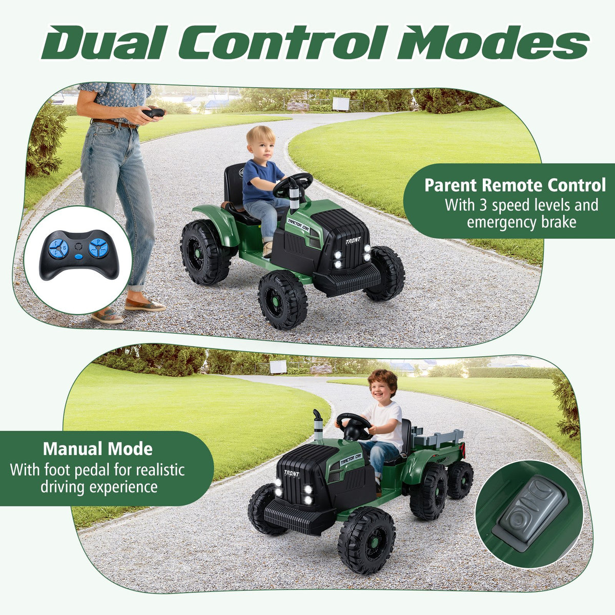 24V Ride On Tractor for Kids Electric Vehicle with Detachable Trailer and Remote Control-Dark Green view 8