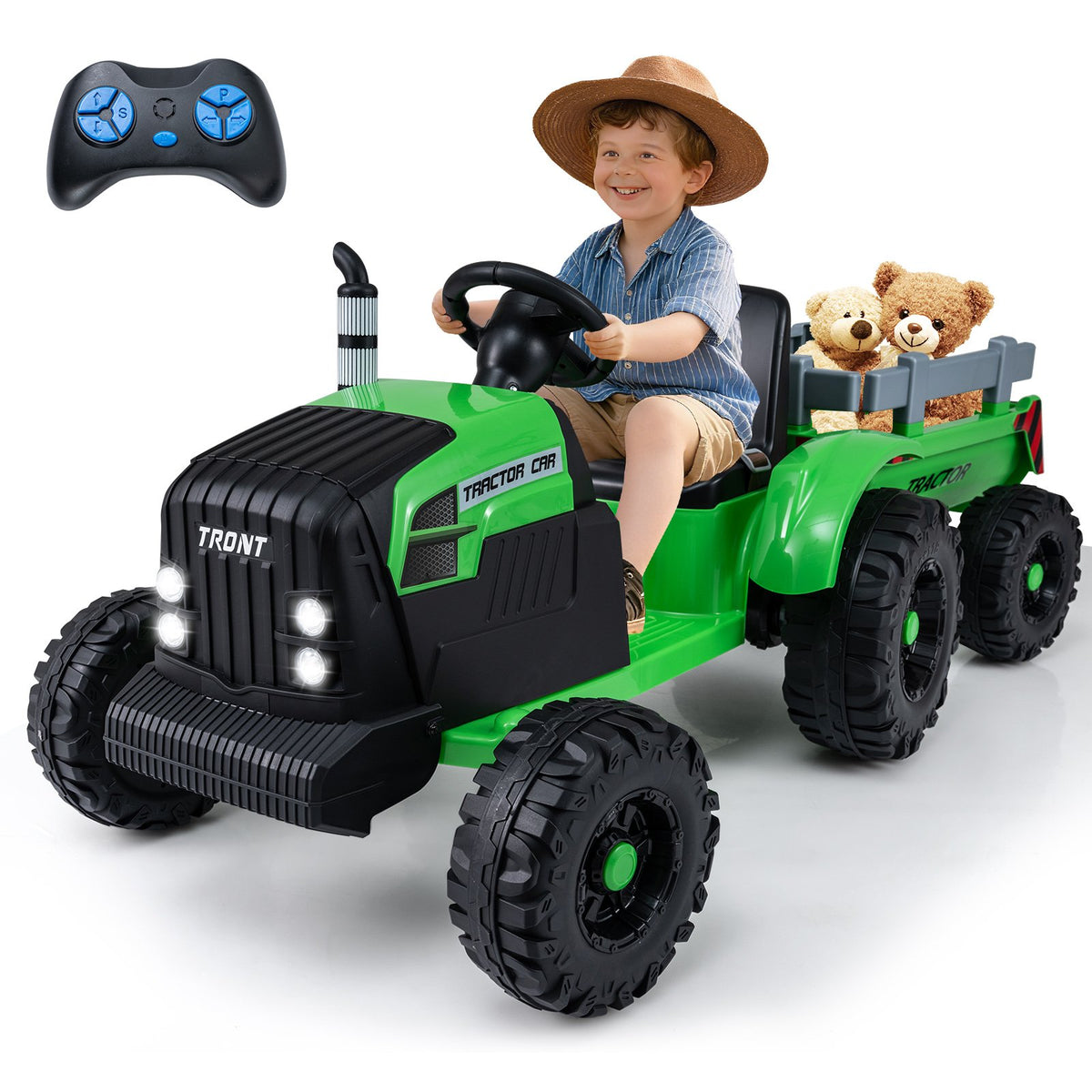 24V Ride On Tractor for Kids Electric Vehicle with Detachable Trailer and Remote Control-Green view 3