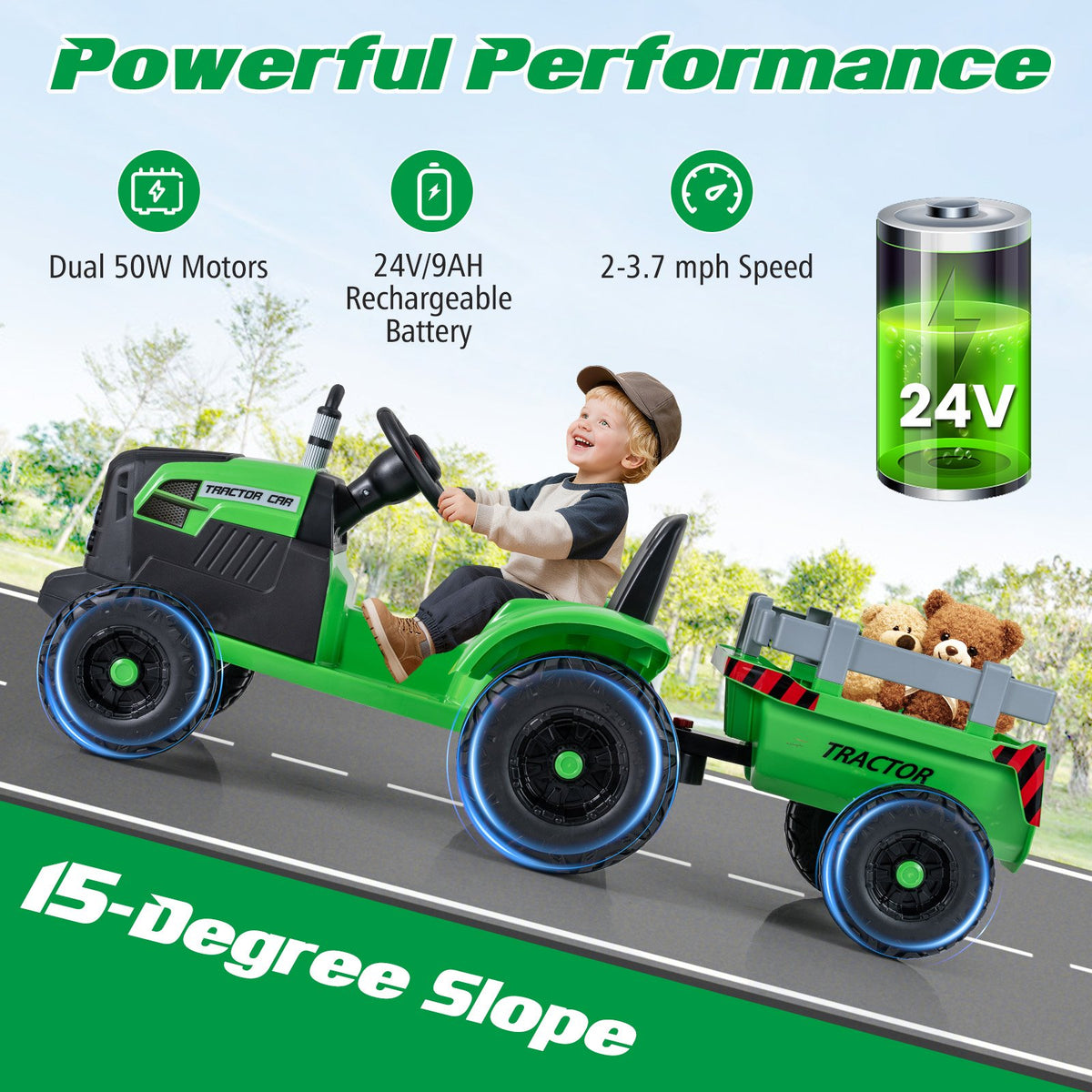 24V Ride On Tractor for Kids Electric Vehicle with Detachable Trailer and Remote Control-Green view 9