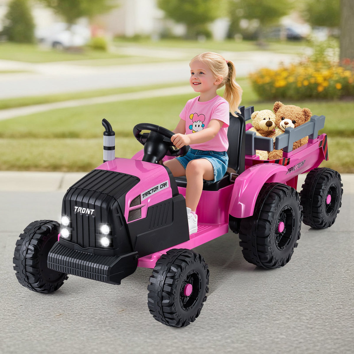 24V Ride On Tractor for Kids Electric Vehicle with Detachable Trailer and Remote Control-Pink view 2
