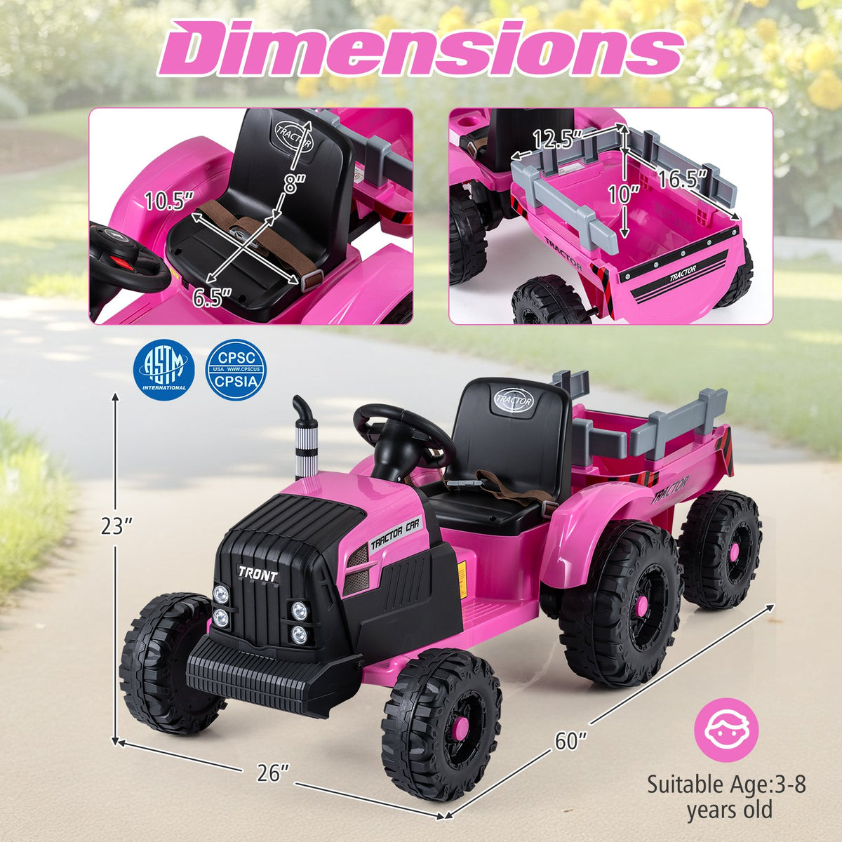 24V Ride On Tractor for Kids Electric Vehicle with Detachable Trailer and Remote Control-Pink view 5