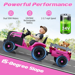 24V Ride On Tractor for Kids Electric Vehicle with Detachable Trailer and Remote Control-Pink view 7