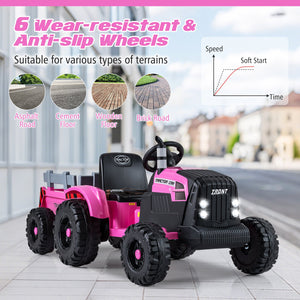 24V Ride On Tractor for Kids Electric Vehicle with Detachable Trailer and Remote Control-Pink view 8