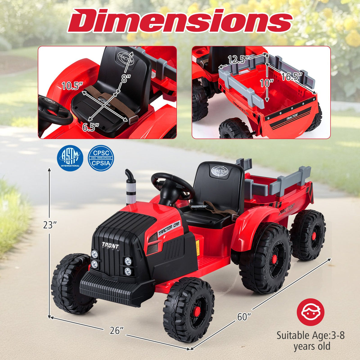 24V Ride On Tractor for Kids Electric Vehicle with Detachable Trailer and Remote Control-Red view 5