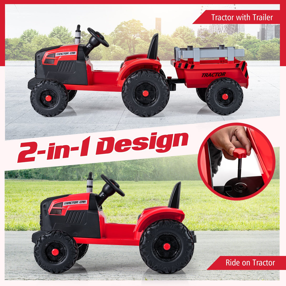 24V Ride On Tractor for Kids Electric Vehicle with Detachable Trailer and Remote Control-Red view 8