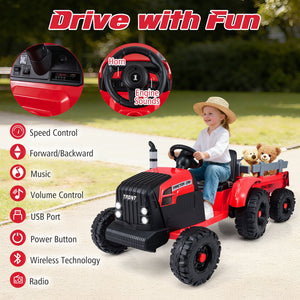 24V Ride On Tractor for Kids Electric Vehicle with Detachable Trailer and Remote Control-Red view 9