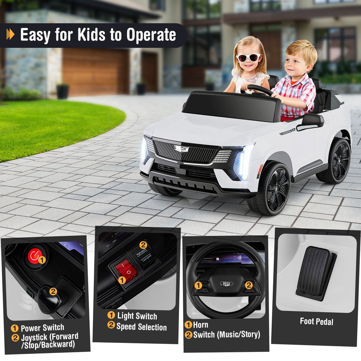 24V Ride on Truck 2-Seater Licensed Cadillac with Remote Control-White view 6