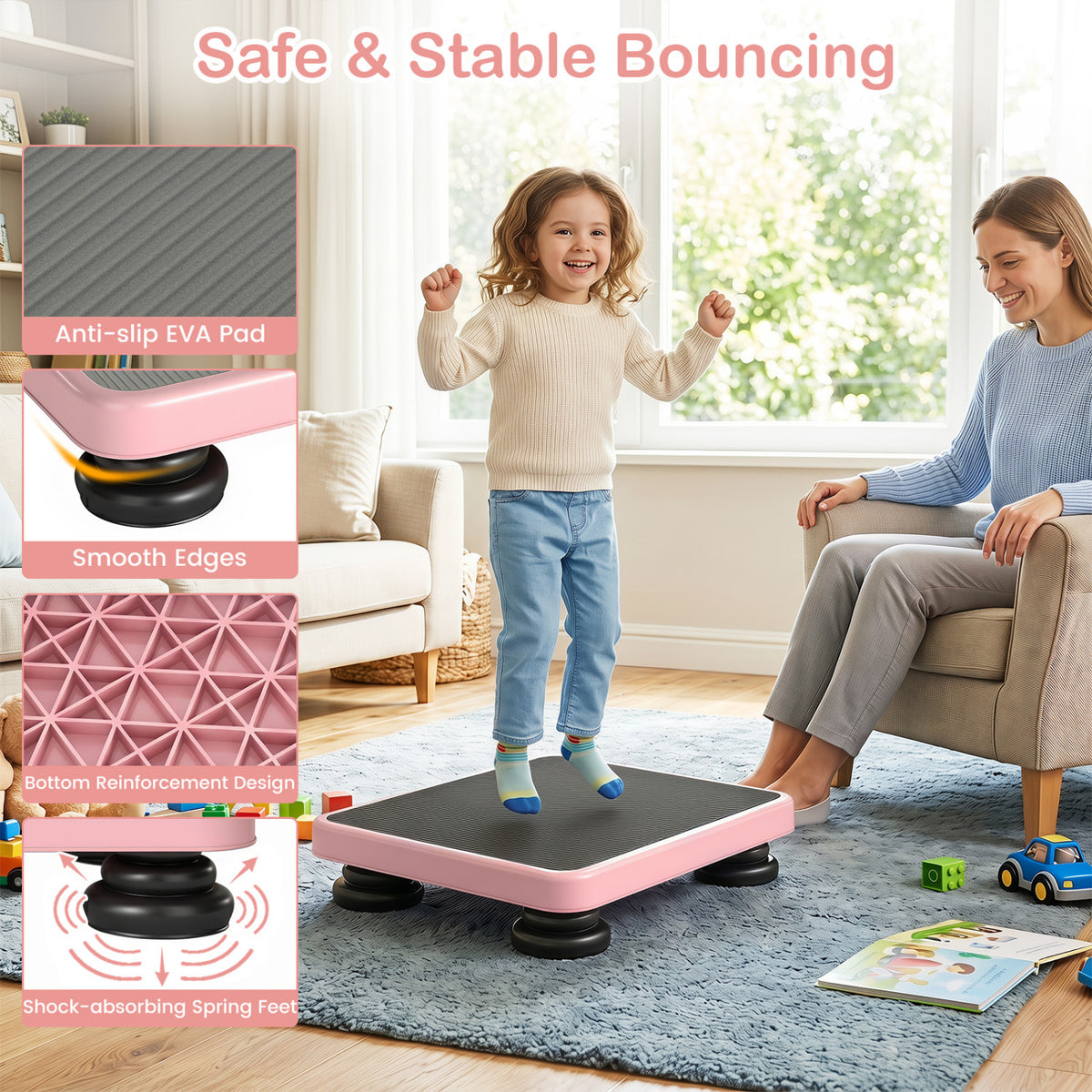 24x20 inches Kids Rebounder Bouncing Board with Elastic Rope for Ages 3+-Pink view 8