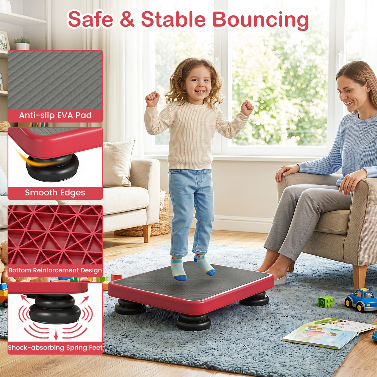 24x20 inches Kids Rebounder Bouncing Board with Elastic Rope for Ages 3+-Red view 8