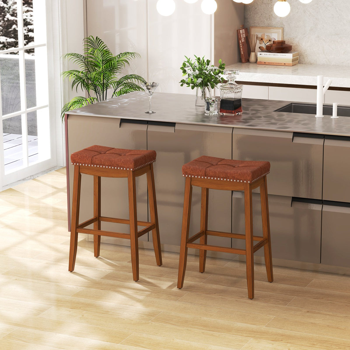 25/29 Inch Set of 2 Upholstered PU Leather Bar Stools with Saddle Seat-29 inches view 2
