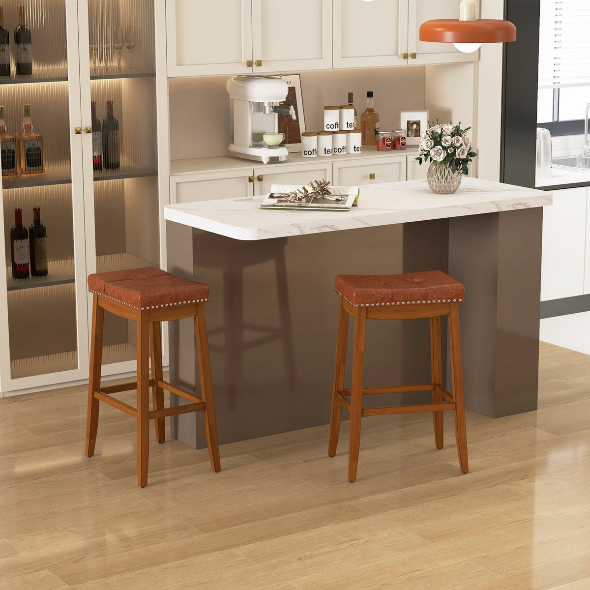 25/29 Inch Set of 2 Upholstered PU Leather Bar Stools with Saddle Seat-29 inches view 3