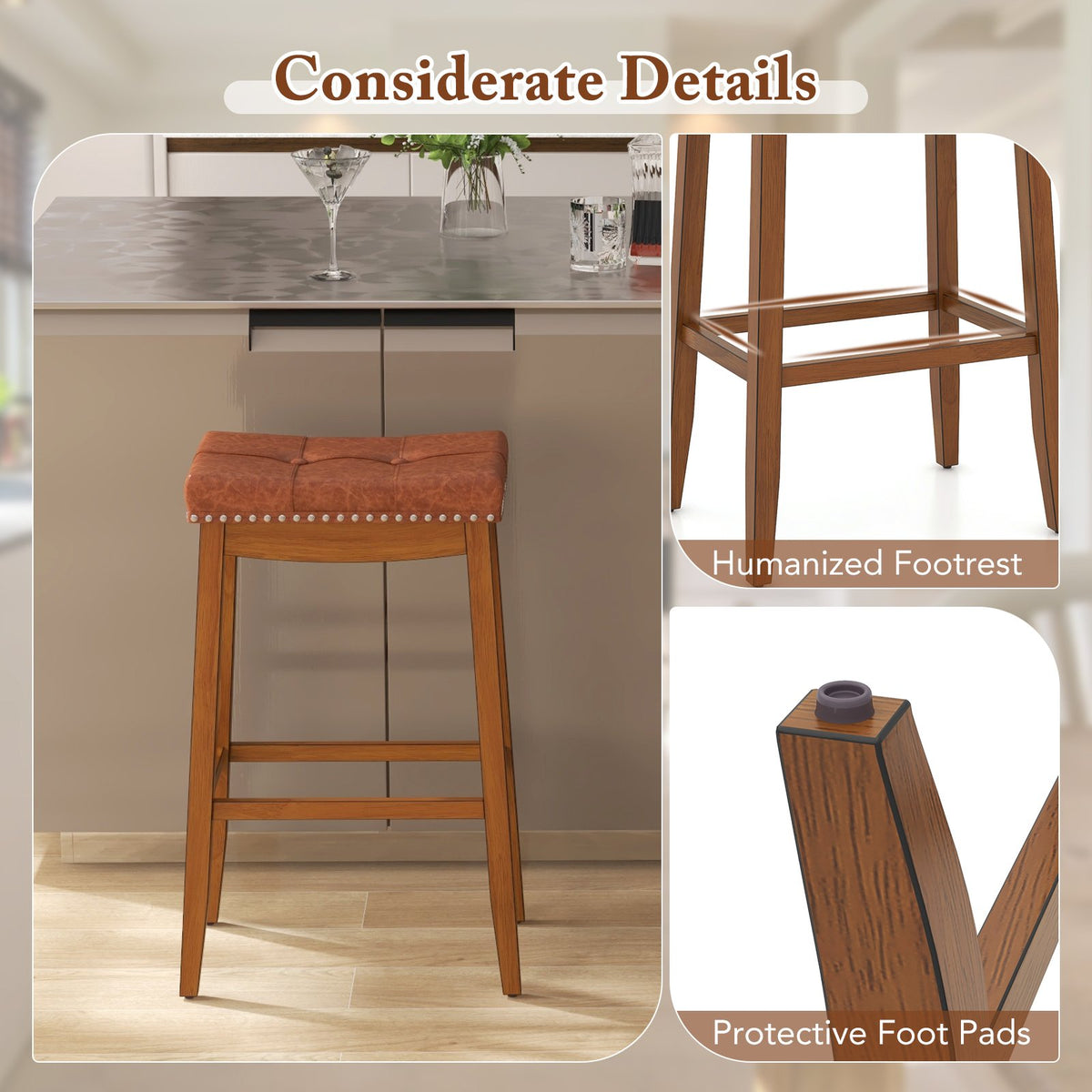 25/29 Inch Set of 2 Upholstered PU Leather Bar Stools with Saddle Seat-29 inches view 8