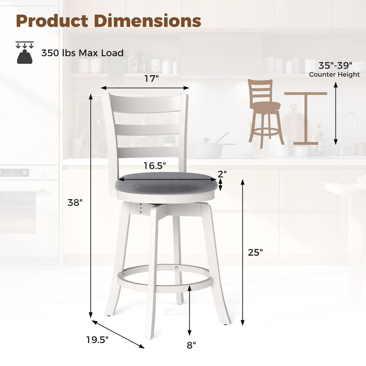 25 inches/30.5 inches Swivel Barstools Set of 2, 360° Rotating Bar/Counter Height Chairs with Upholstered Seat-25 Inch view 4
