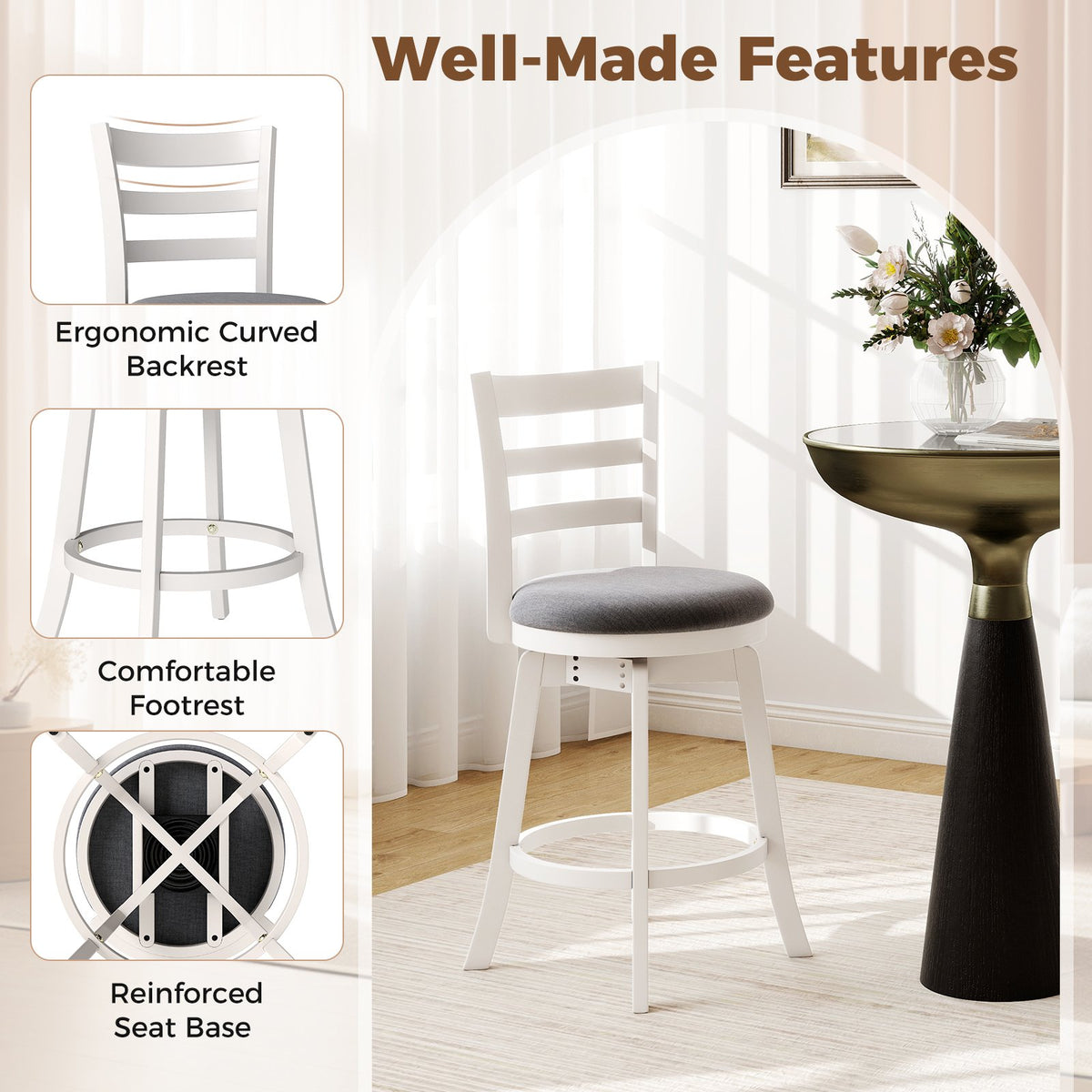 25 inches/30.5 inches Swivel Barstools Set of 2, 360° Rotating Bar/Counter Height Chairs with Upholstered Seat-25 Inch view 8