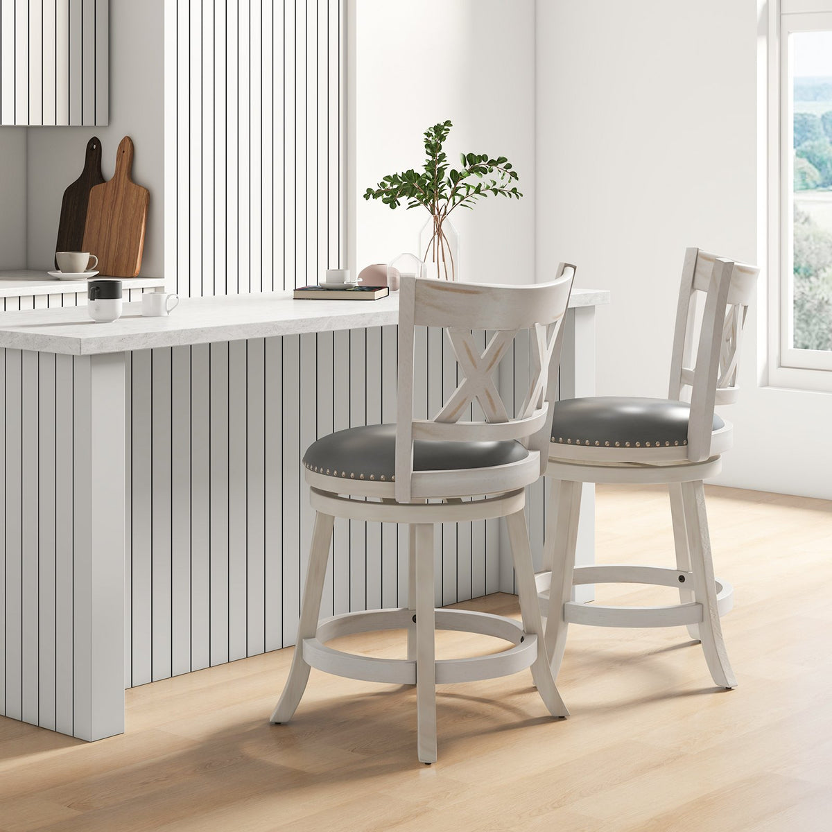 25.5 Inch Hand-Antiqued Stool Set of 2 with Wider Padded Seat-White view 3