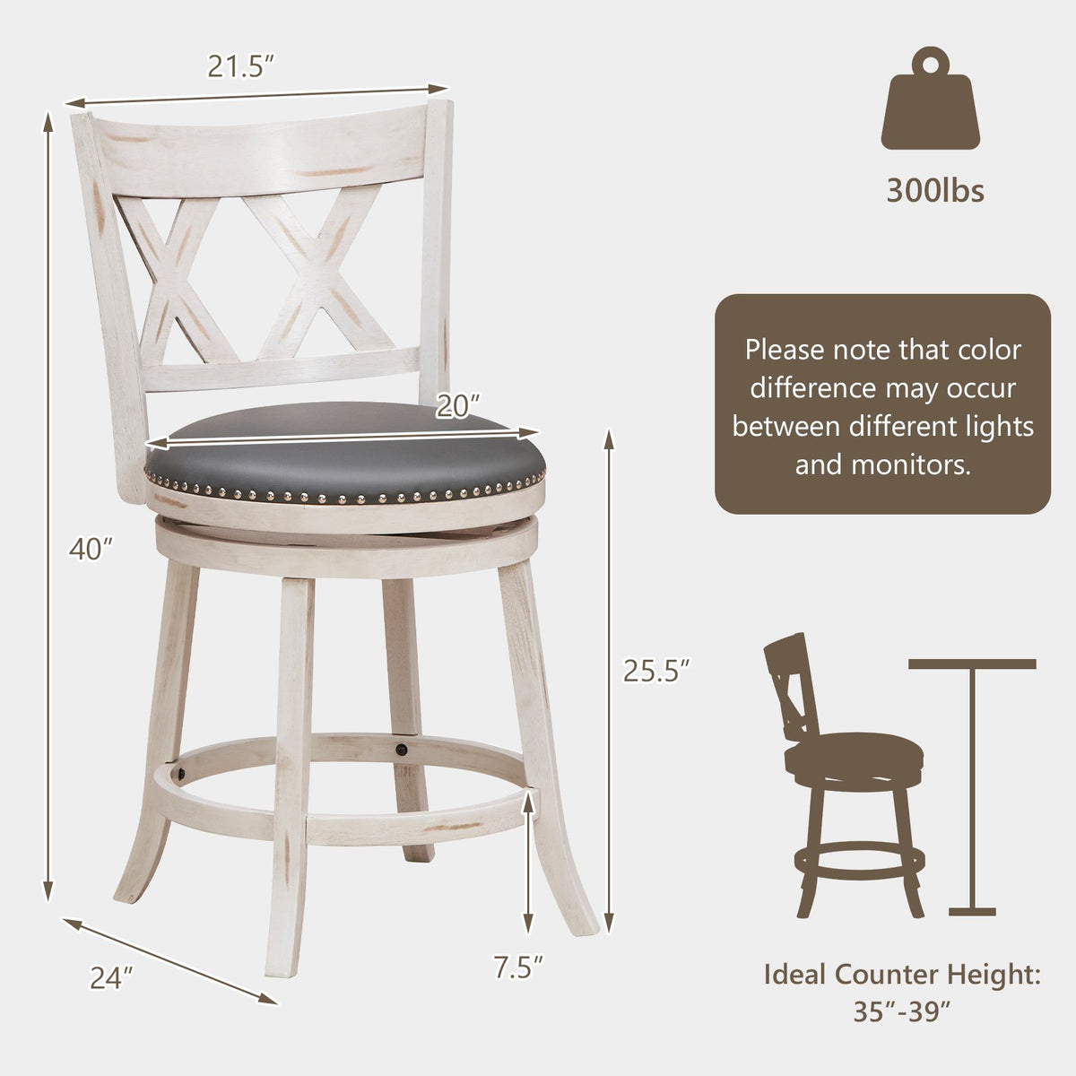 25.5 Inch Hand-Antiqued Stool Set of 2 with Wider Padded Seat-White view 4