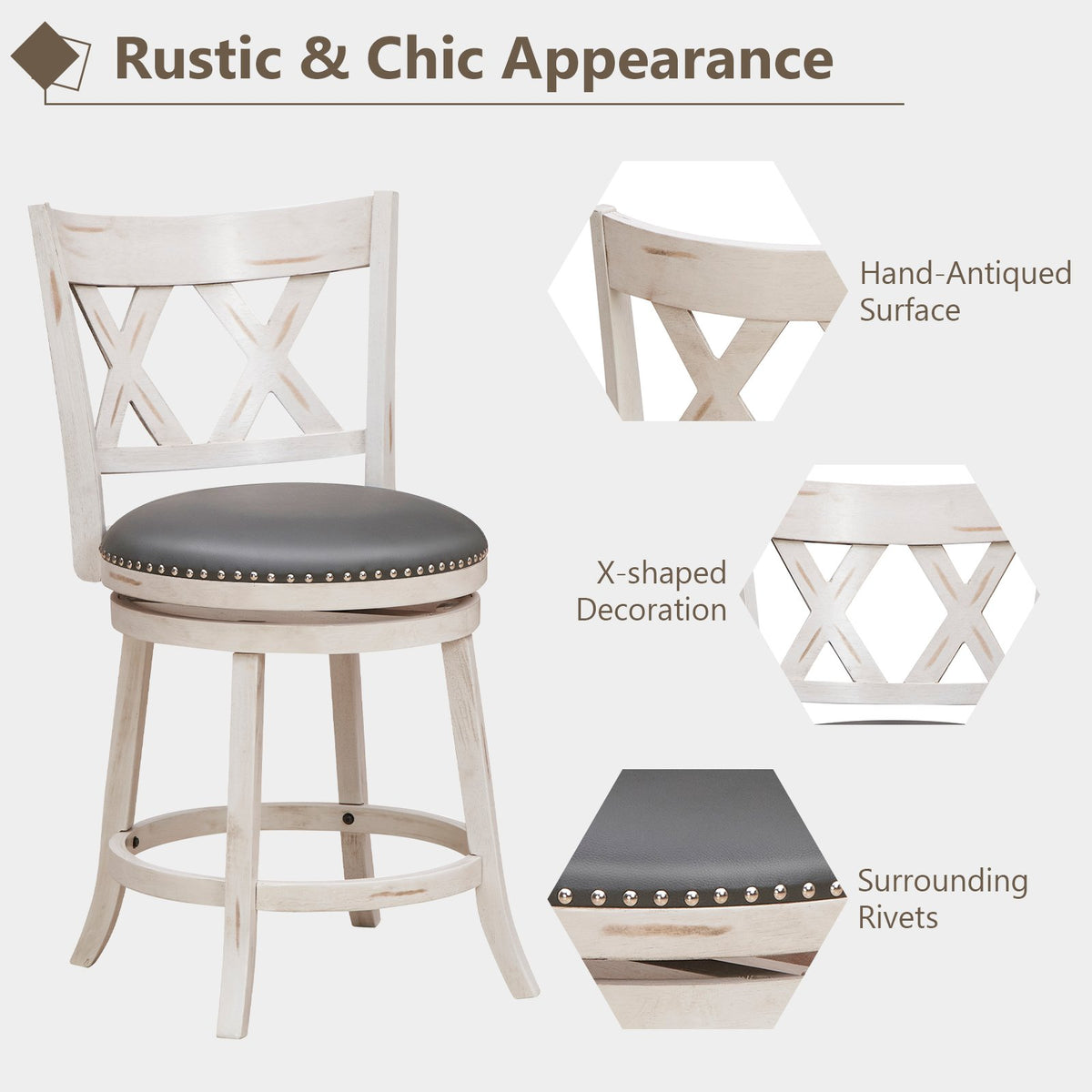 25.5 Inch Hand-Antiqued Stool Set of 2 with Wider Padded Seat-White view 5