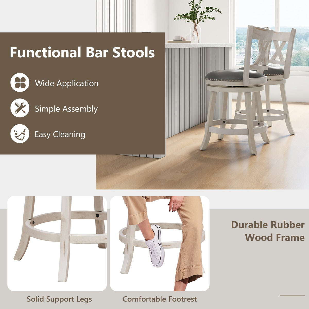 25.5 Inch Hand-Antiqued Stool Set of 2 with Wider Padded Seat-White view 7