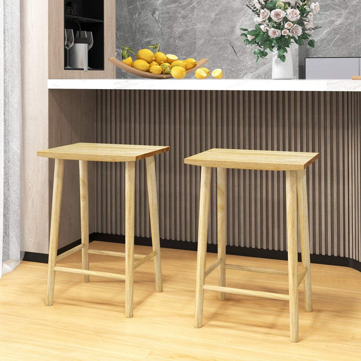 25.5 Inch Bar Stools Set of 2 with Footrest-Natural view 2