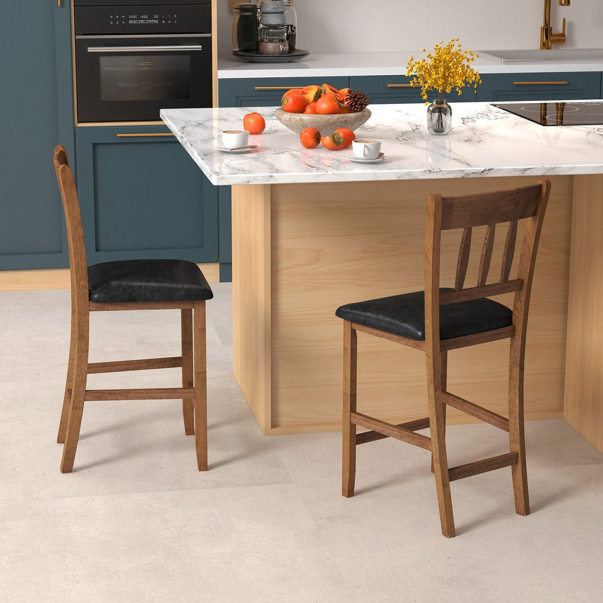 25.5 Inch Counter Height Bar Chair Set of 2 with Backrest Padded Seat-Walnut view 2