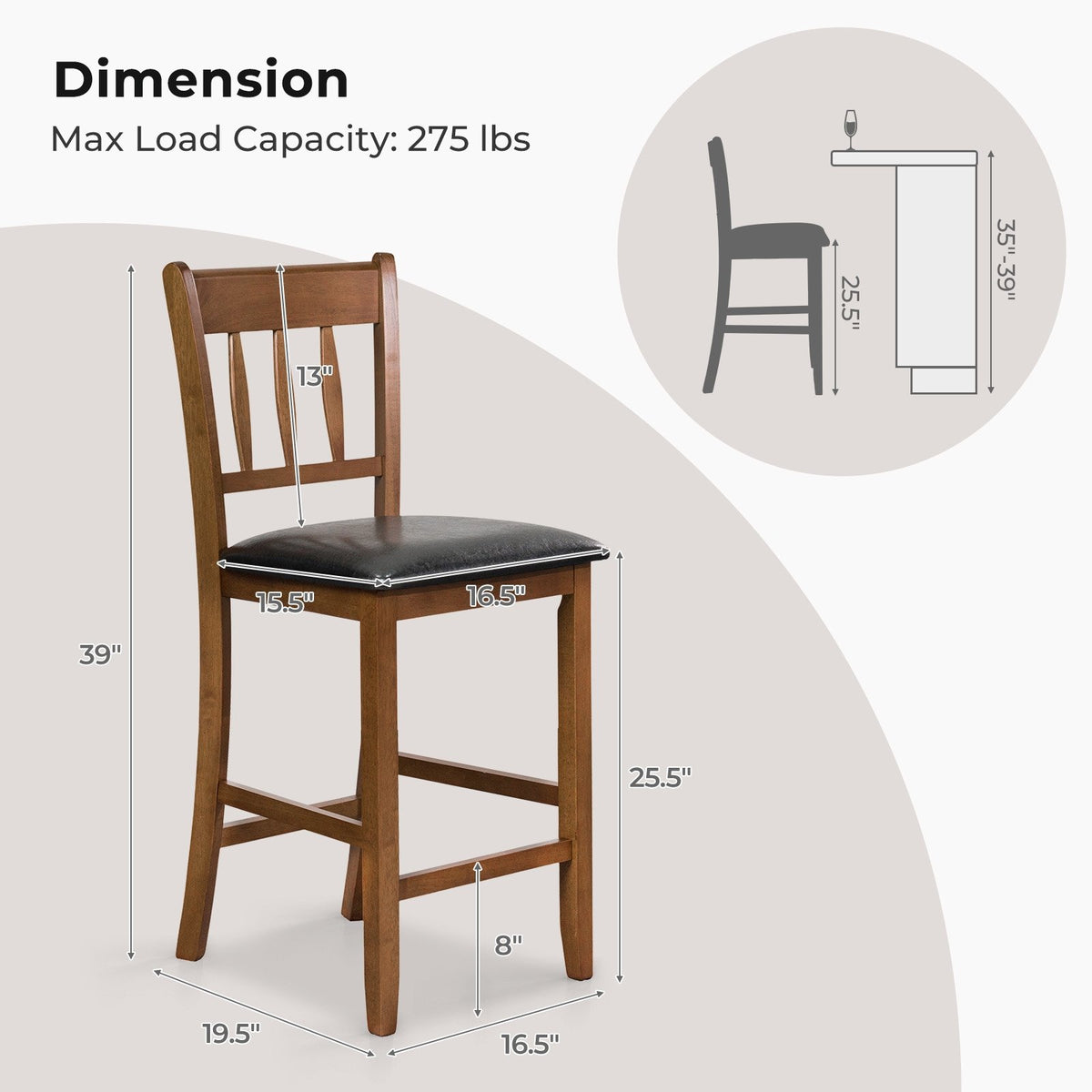 25.5 Inch Counter Height Bar Chair Set of 2 with Backrest Padded Seat-Walnut view 4