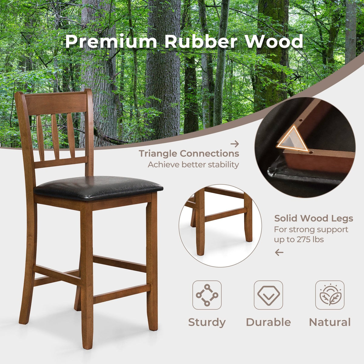 25.5 Inch Counter Height Bar Chair Set of 2 with Backrest Padded Seat-Walnut view 5