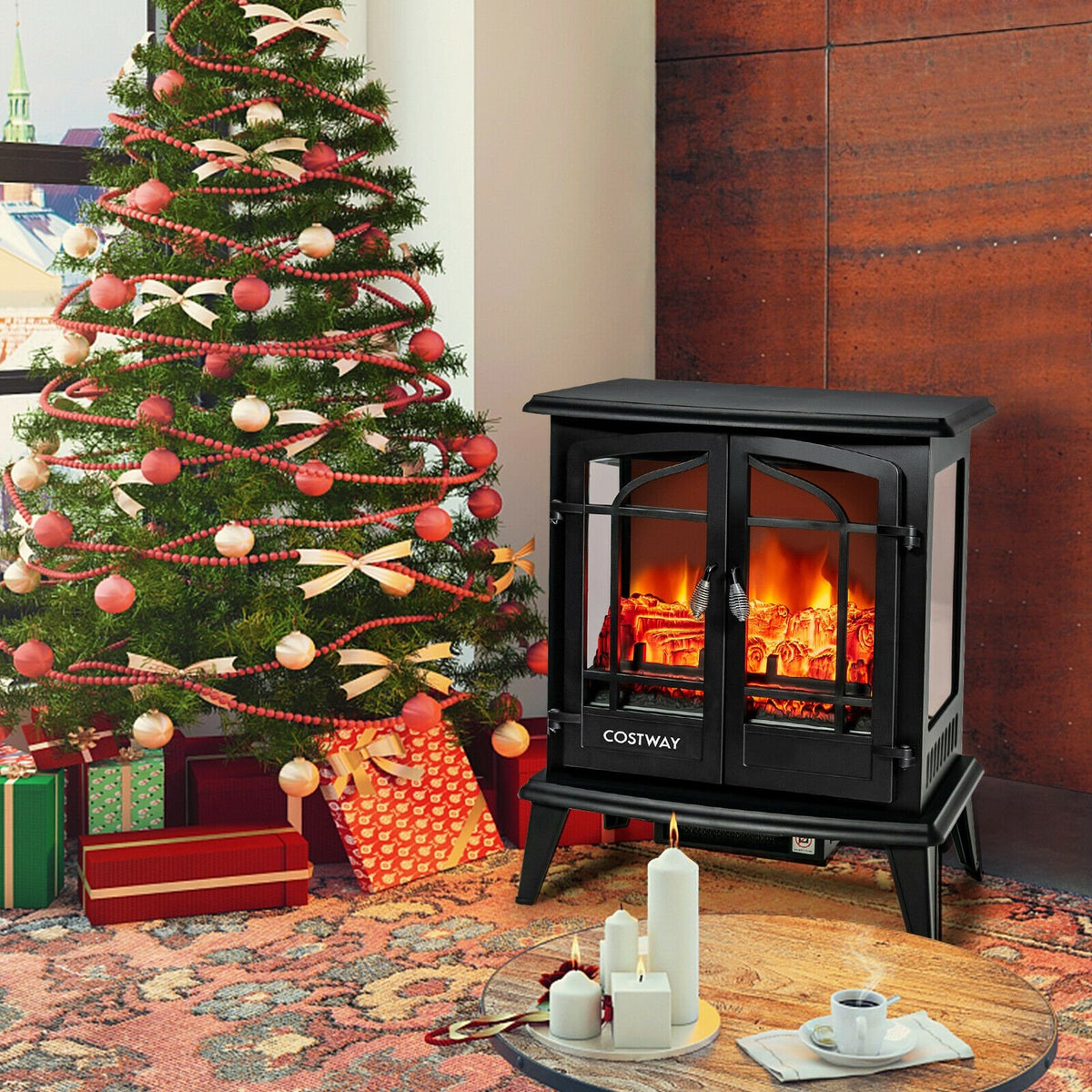 25 Inch Freestanding Electric Fireplace Heater with Realistic Flame effect-Black view 2