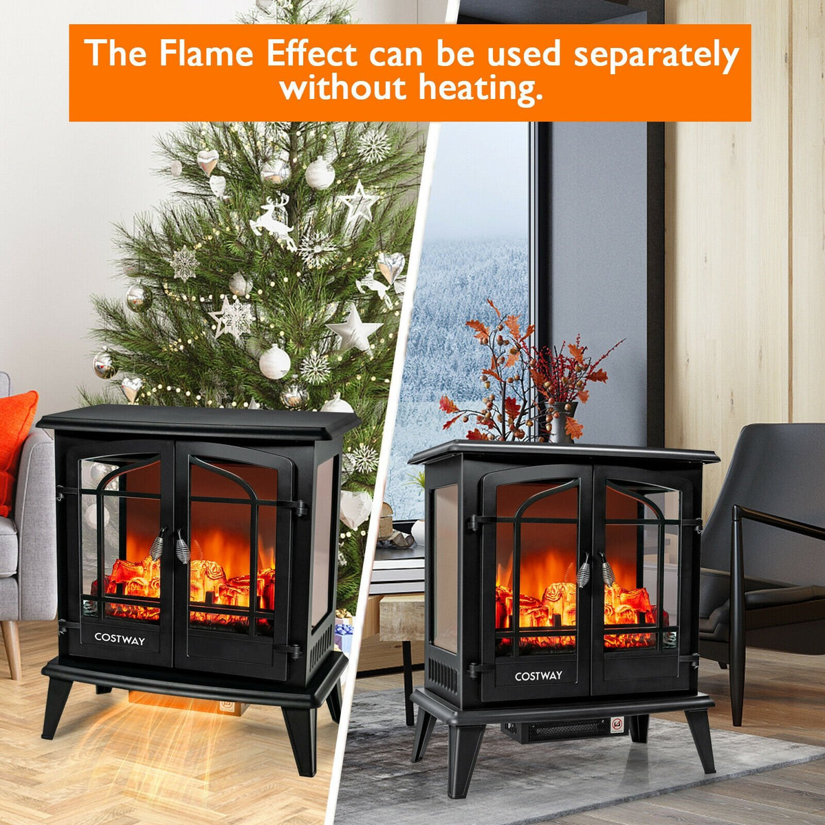 25 Inch Freestanding Electric Fireplace Heater with Realistic Flame effect-Black view 3