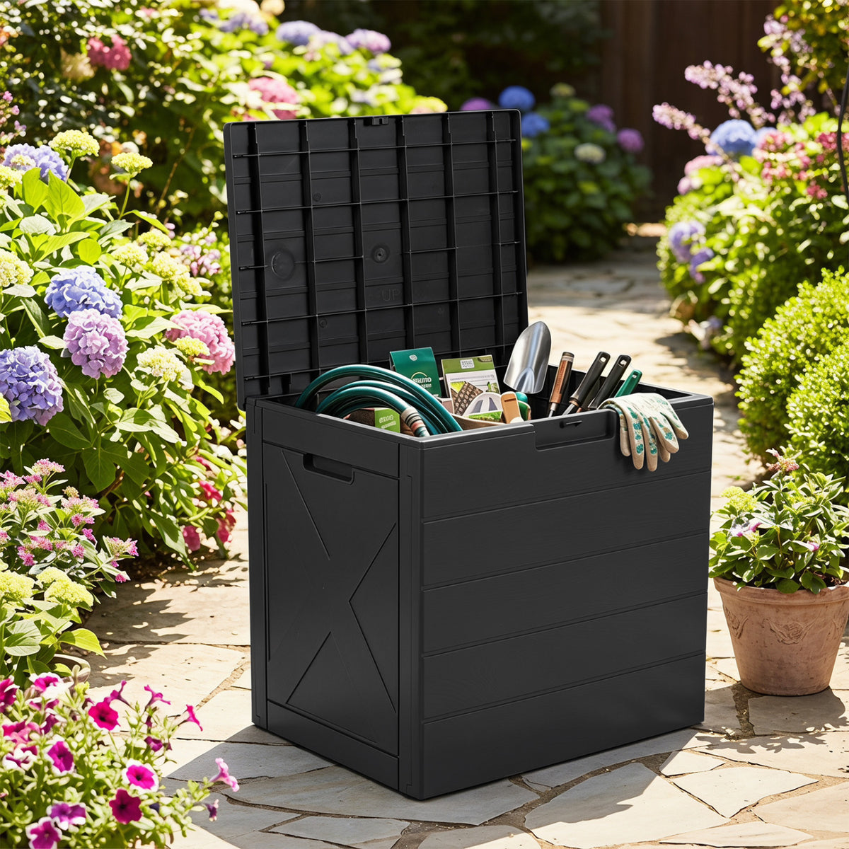 25 Gallon Storage Bin with Lid Carry Handles and Lock Hole for Patio Furniture Accessories-Black view 2