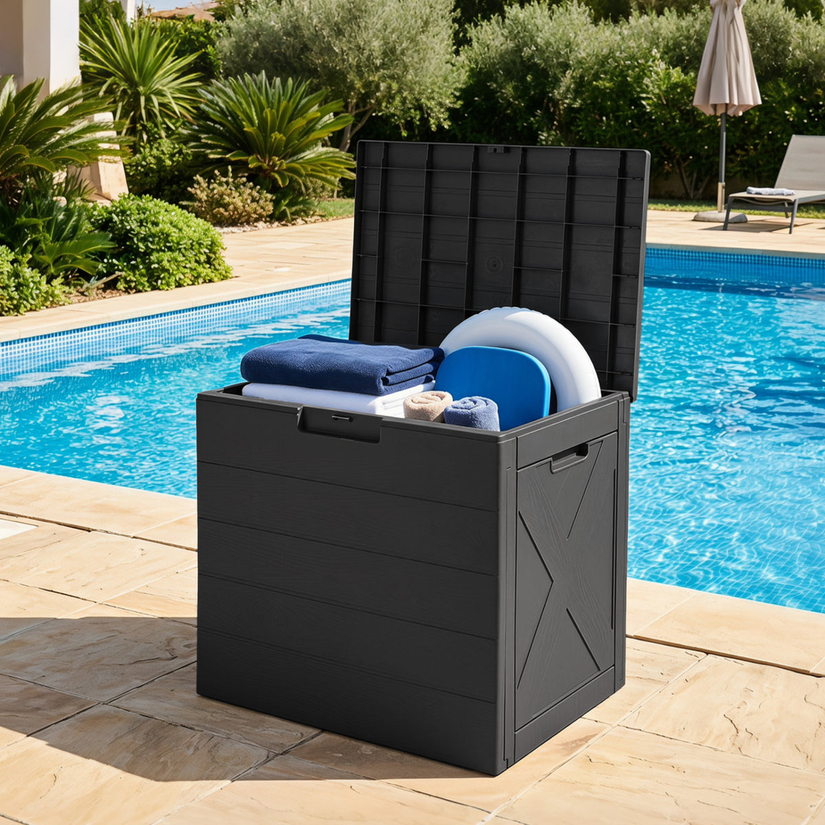 25 Gallon Storage Bin with Lid Carry Handles and Lock Hole for Patio Furniture Accessories-Black view 3