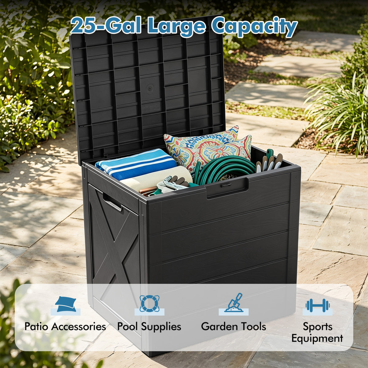 25 Gallon Storage Bin with Lid Carry Handles and Lock Hole for Patio Furniture Accessories-Black view 8