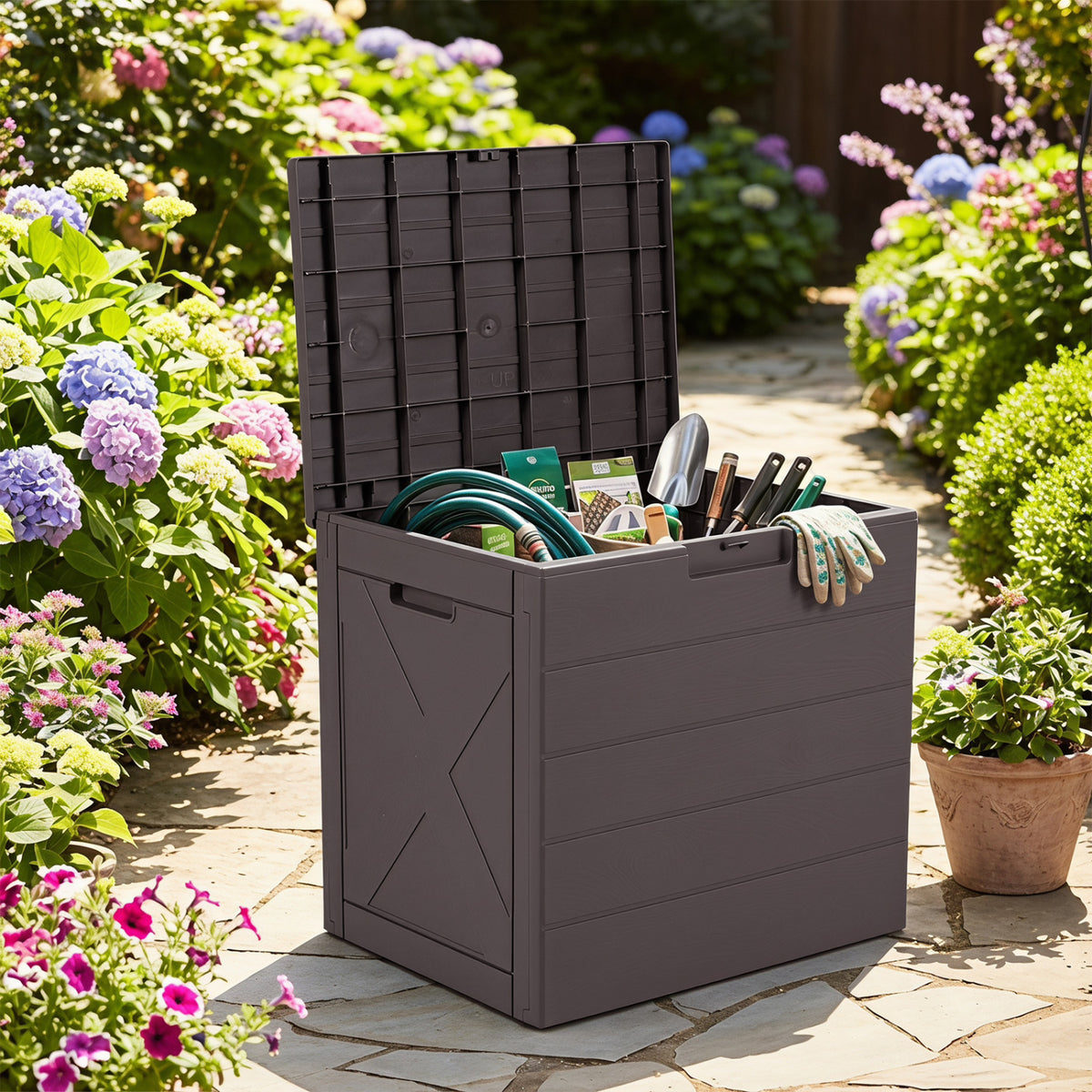 25 Gallon Storage Bin with Lid Carry Handles and Lock Hole for Patio Furniture Accessories-Brown view 2
