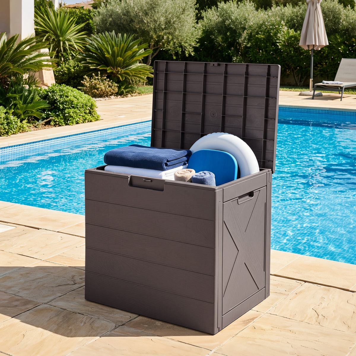 25 Gallon Storage Bin with Lid Carry Handles and Lock Hole for Patio Furniture Accessories-Brown view 3