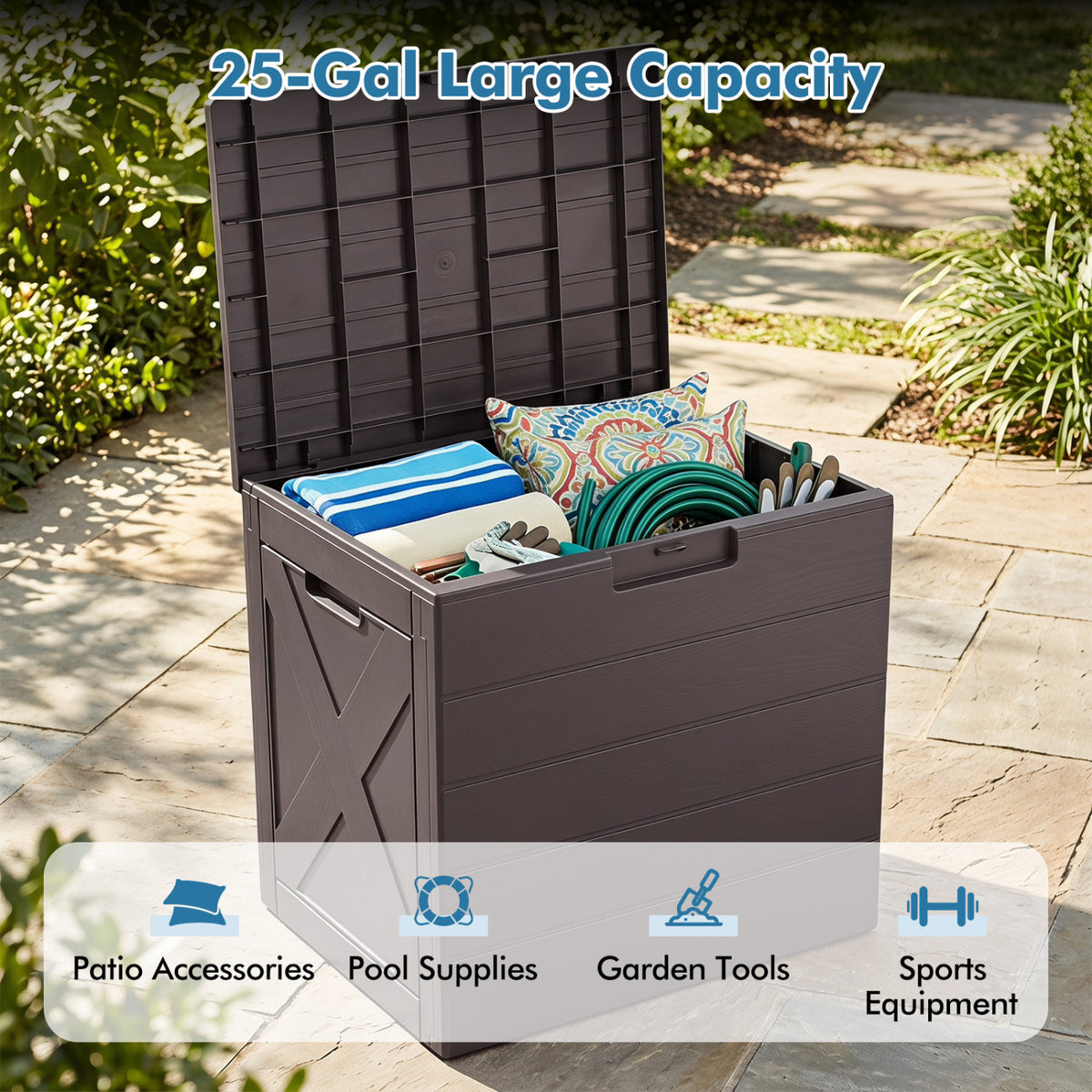 25 Gallon Storage Bin with Lid Carry Handles and Lock Hole for Patio Furniture Accessories-Brown view 8