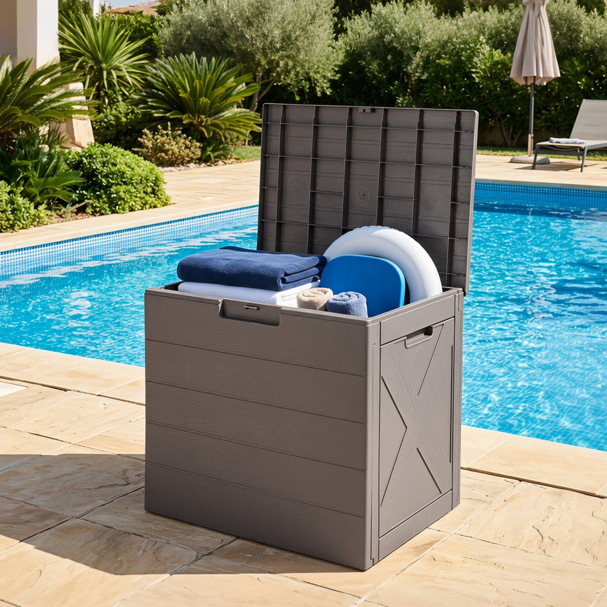 25 Gallon Storage Bin with Lid Carry Handles and Lock Hole for Patio Furniture Accessories-Gray view 3