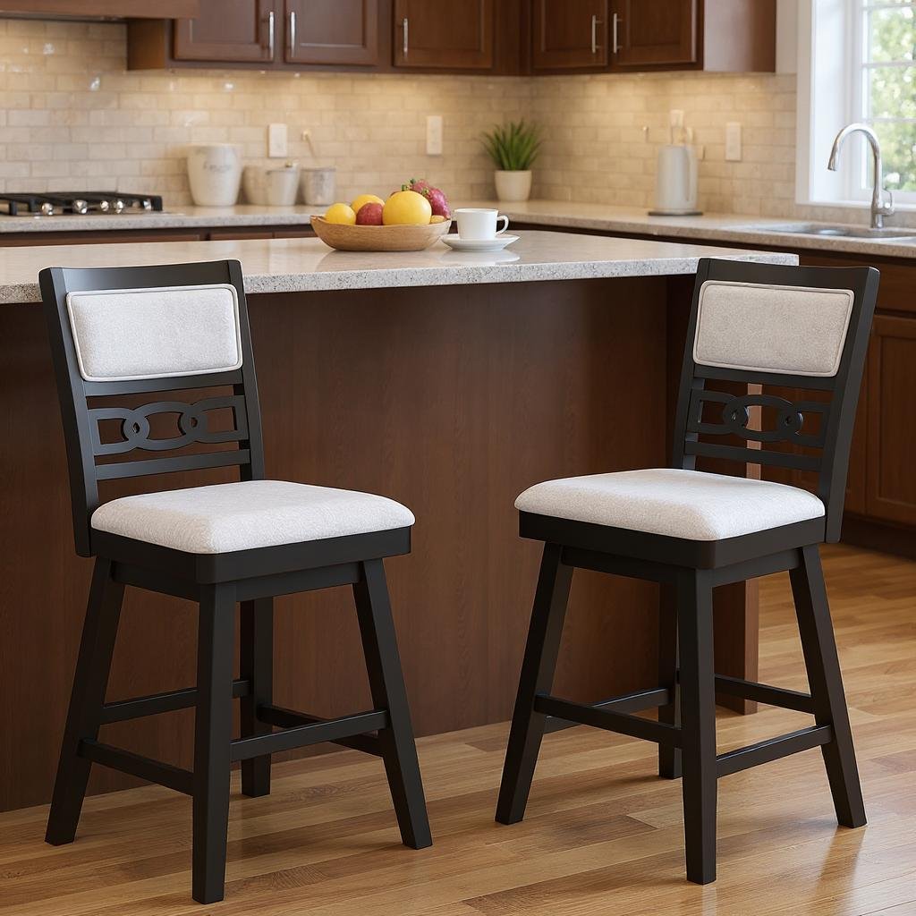 25 Inch Bar Stools Set of 2 with Upholstered Backrest and 360° Rotation Seat-Black view 3