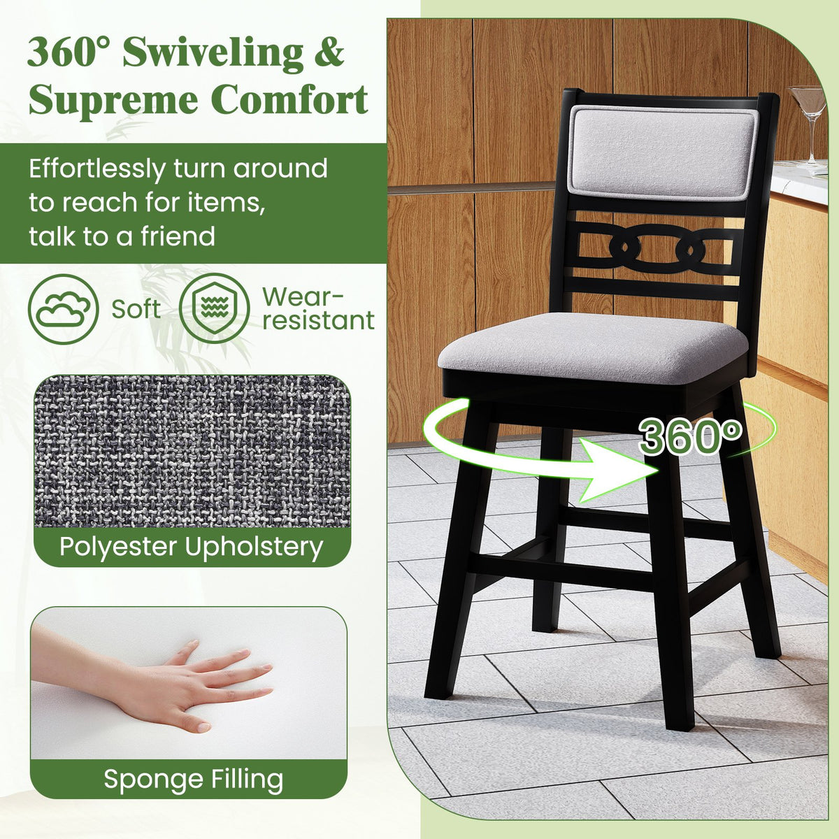 25 Inch Bar Stools Set of 2 with Upholstered Backrest and 360° Rotation Seat-Black view 7