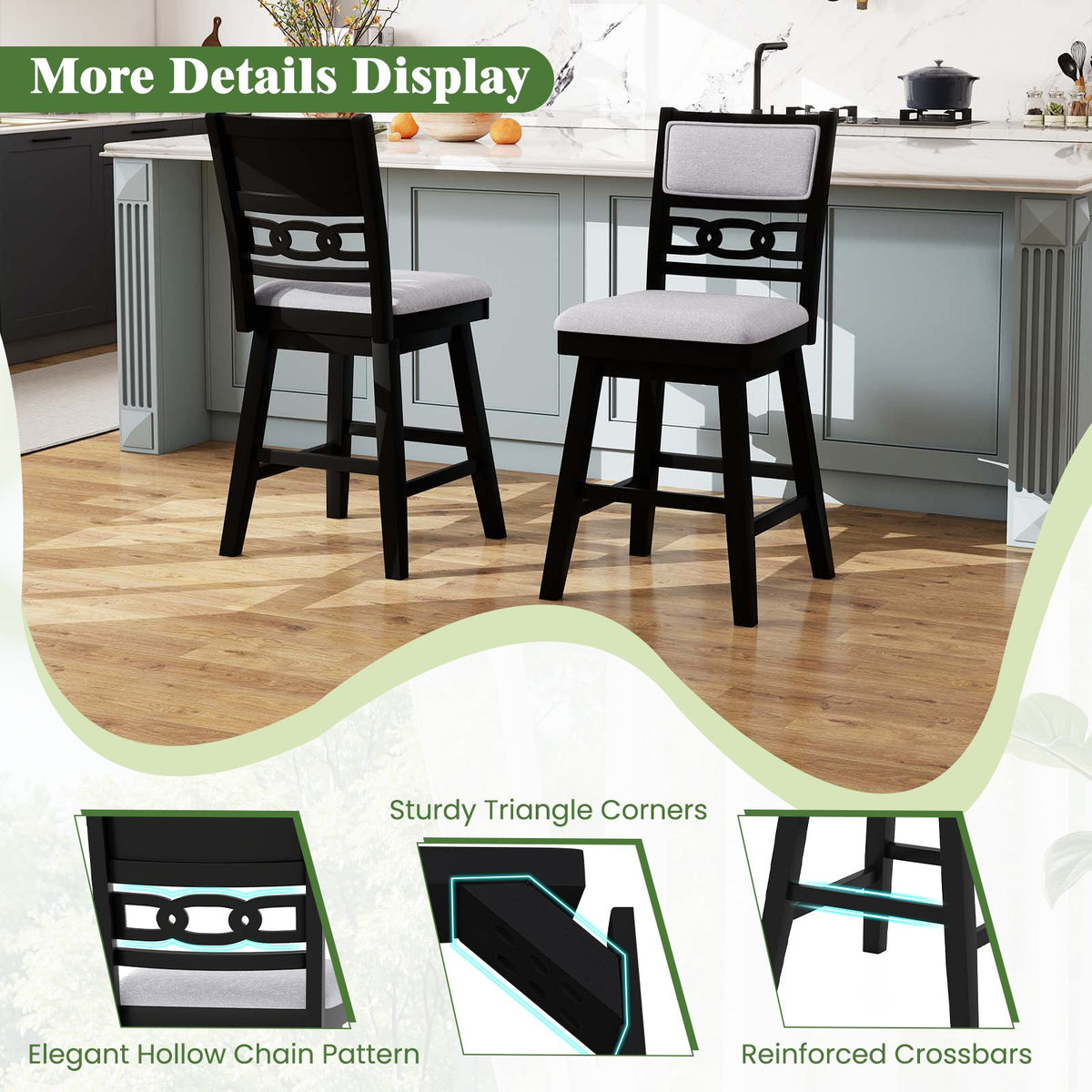 25 Inch Bar Stools Set of 2 with Upholstered Backrest and 360° Rotation Seat-Black view 8