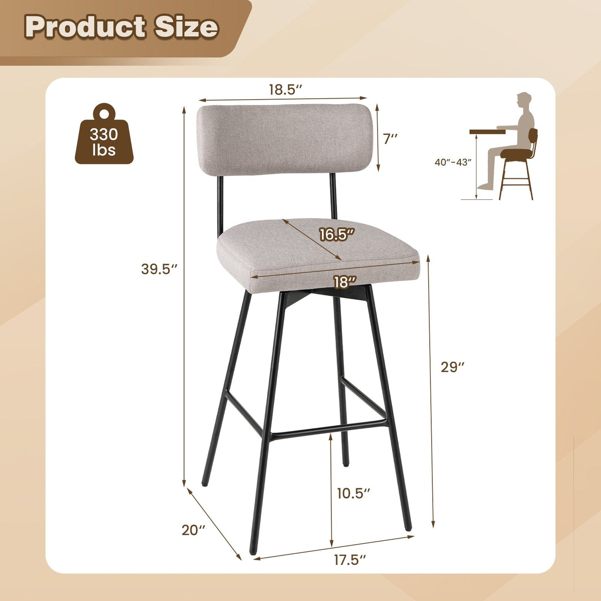 29 Inch Counter Height Upholstered Swivel Bar Stool Set of 2-beige view 4