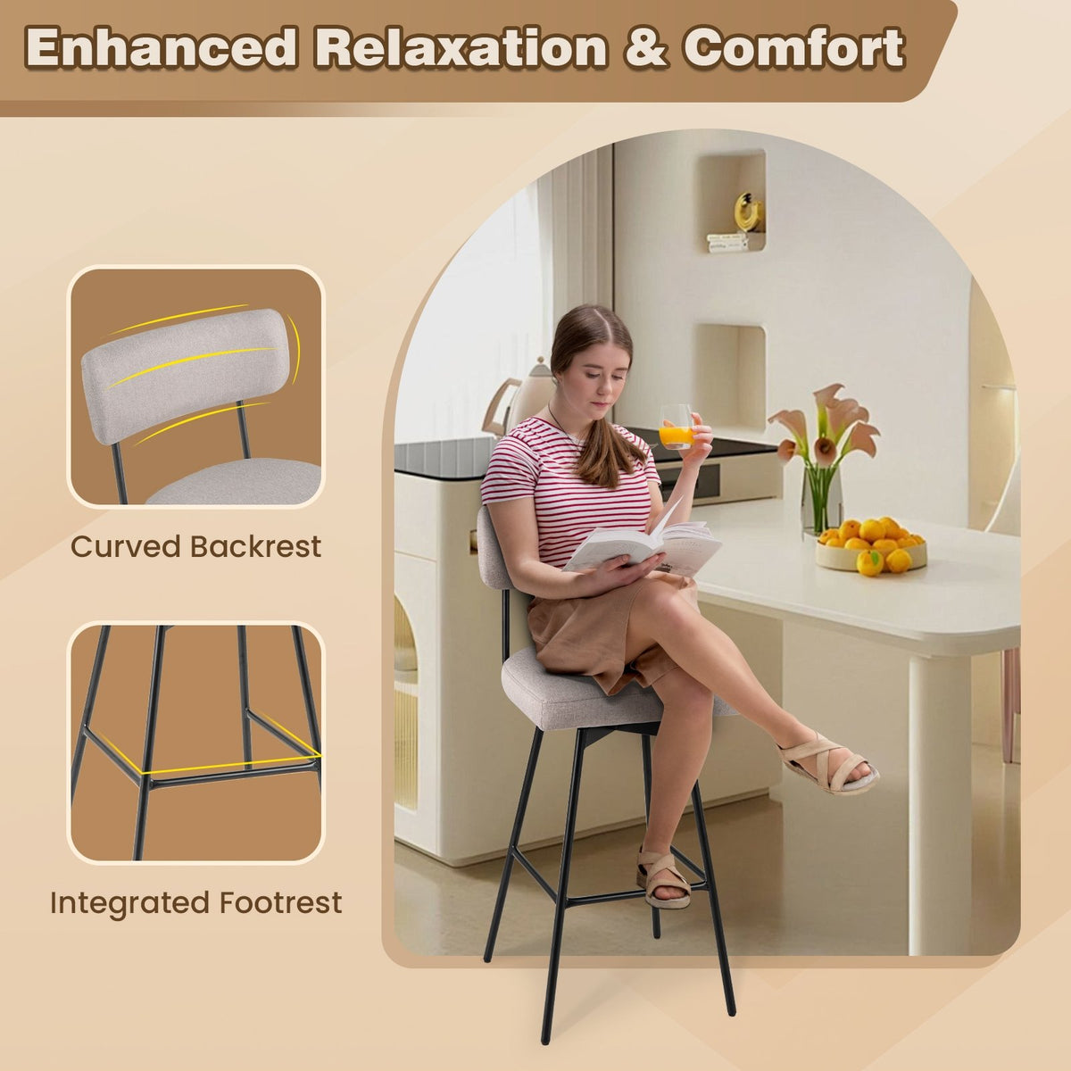 29 Inch Counter Height Upholstered Swivel Bar Stool Set of 2-beige view 8