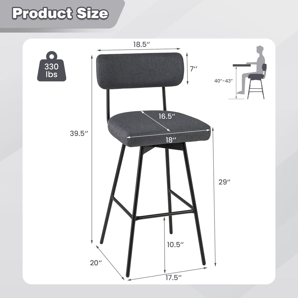 29 Inch Counter Height Upholstered Swivel Bar Stool Set of 2-Gray view 4