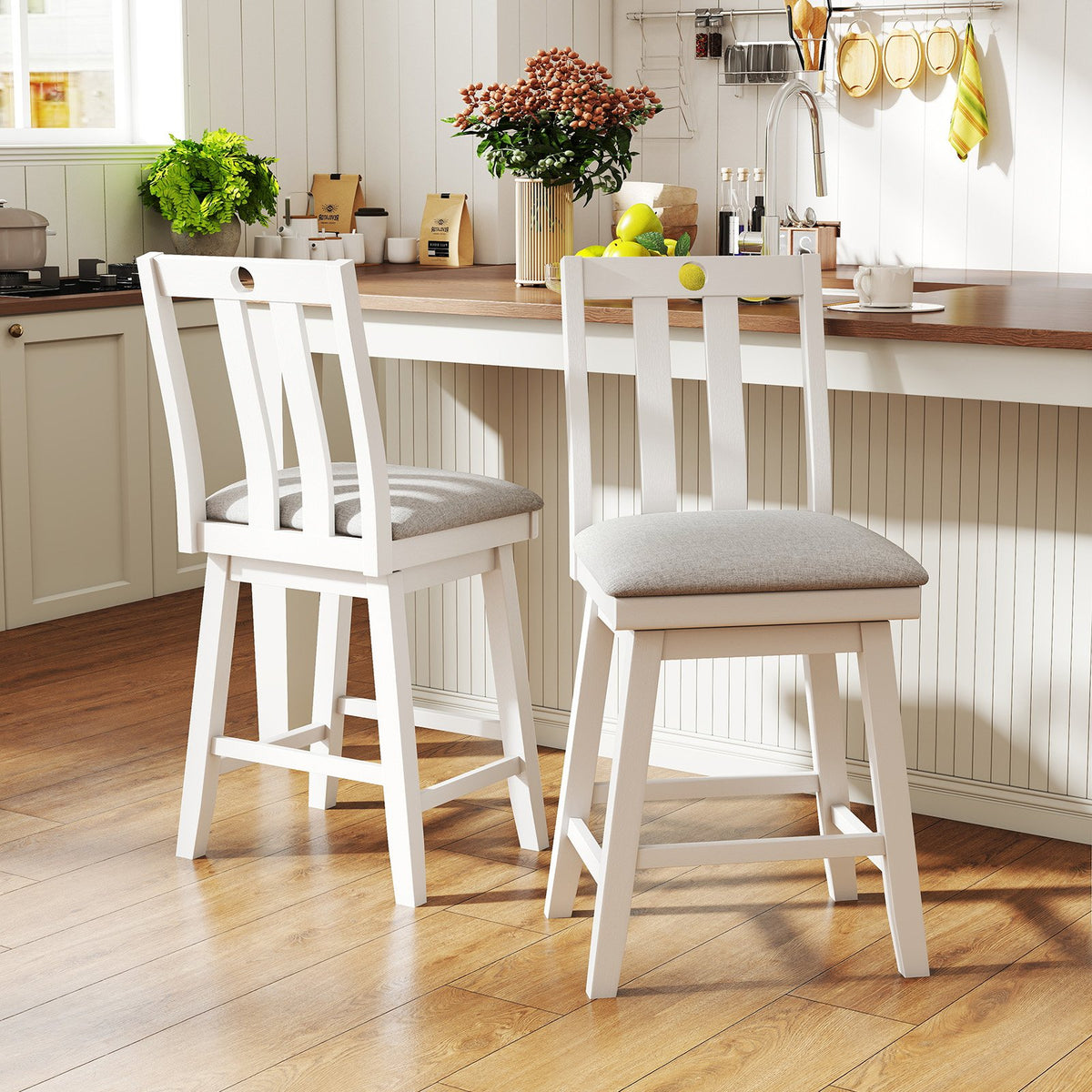 25 Inch Modern Bar Stools Set of 2 with Upholstered and 360° Rotation Seat-White view 2