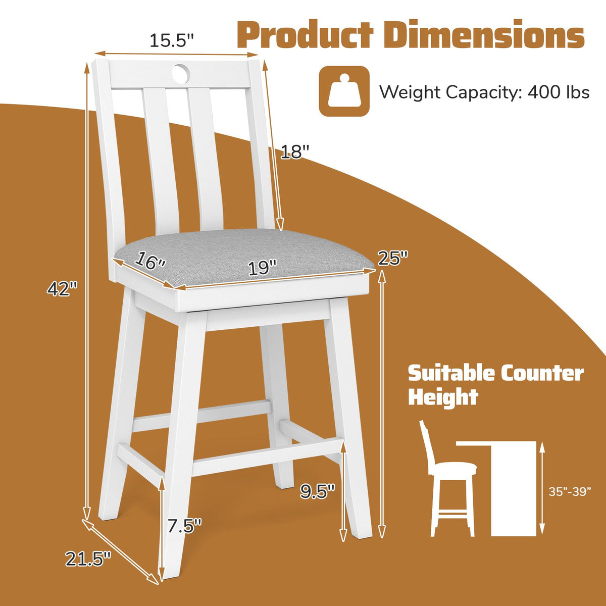 25 Inch Modern Bar Stools Set of 2 with Upholstered and 360° Rotation Seat-White view 4