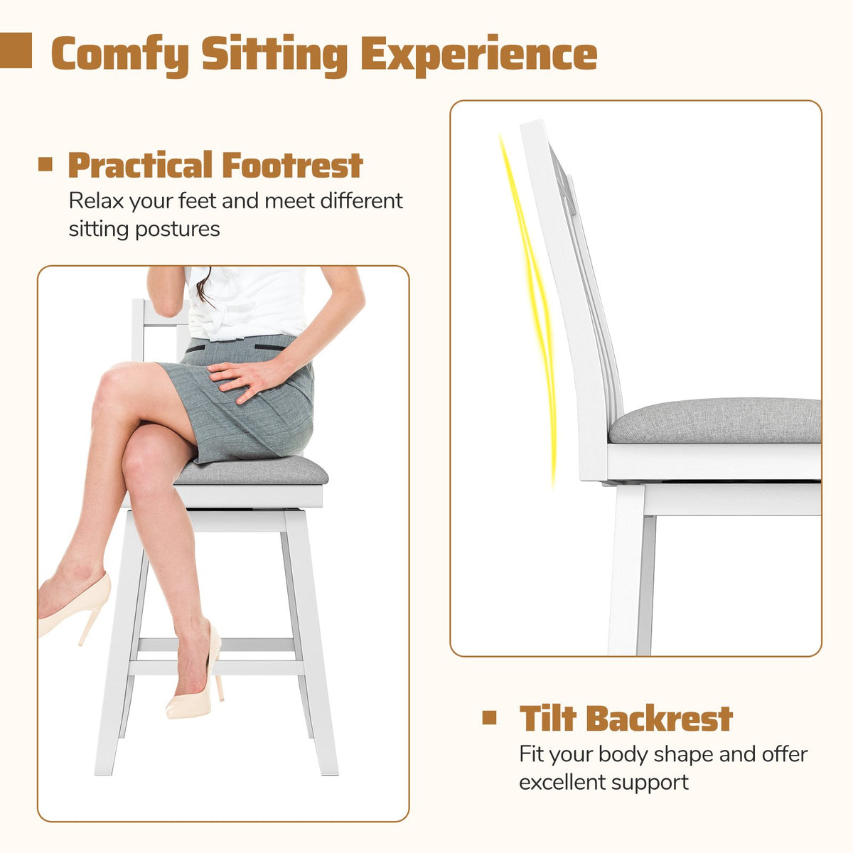 25 Inch Modern Bar Stools Set of 2 with Upholstered and 360° Rotation Seat-White view 6