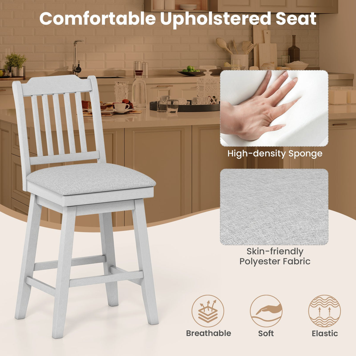 25 inch Modern Bar Stools Set of 2 with Upholstered Swivel Seat-Gray view 6